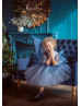 V Neck Two-tone Blue Sequin Pearls Tulle Fashion Flower Girl Dress